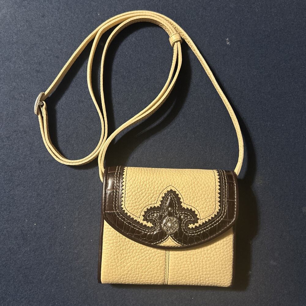 Brighton Tan & Black Trifold Bag Wallet Embossed Leather Adjustable Strap